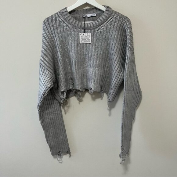 Zara ZW Collection CONTRAST TRIM KNITTED POLO SWEATER Silver / Metallic Size L - Picture 10 of 16